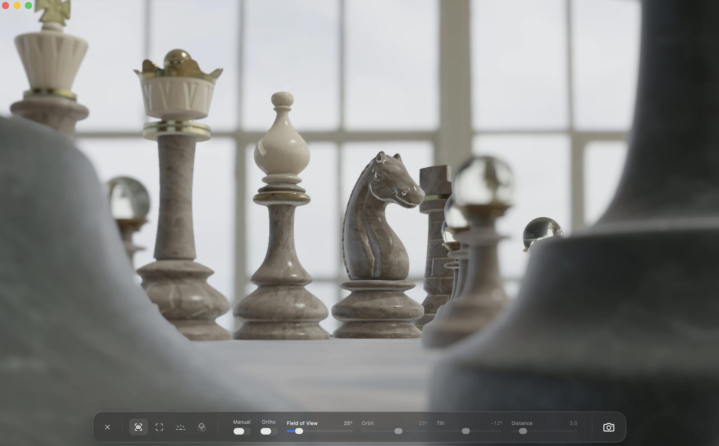 A marble chess set rendered in the Solidly viewport with Photo Mode open